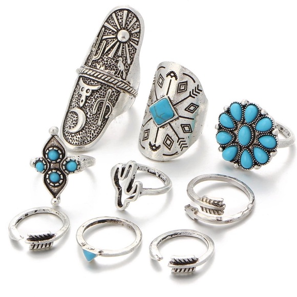 9 Piece Bohemian Turquoise Ring Set - Picture 8 of 8